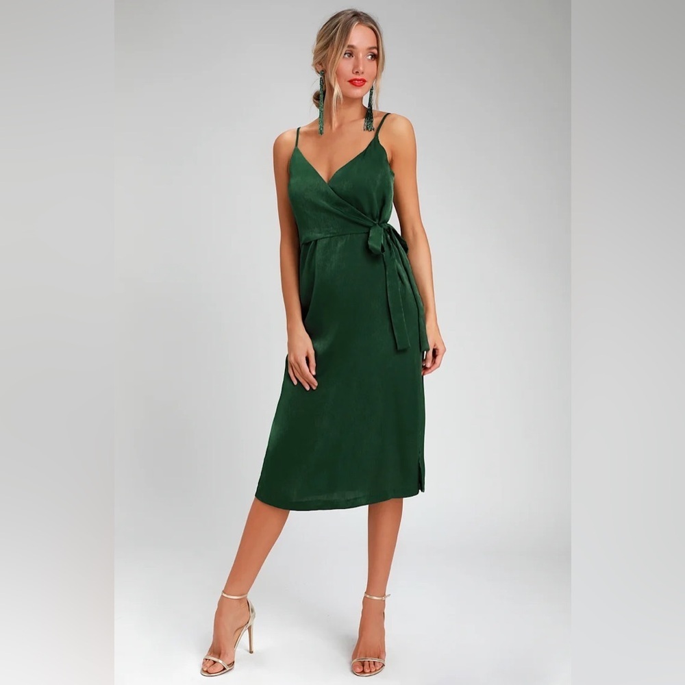 J.O.A. Satin Dark Green Midi Wrap Dress